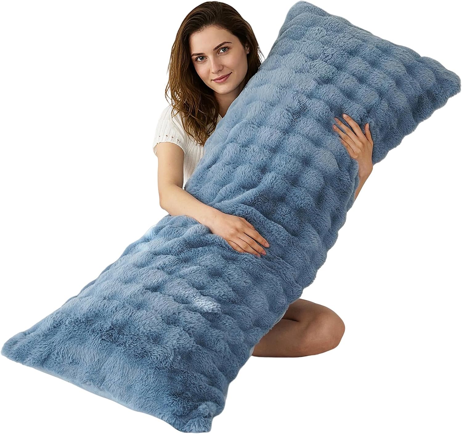 Memfydu Full Body Pillow with Fluffy Bubble Waffle Carved Faux Fur Removable Cover, Long Bed Pillow Adult 20x54 Inches for Side Sleeper and…