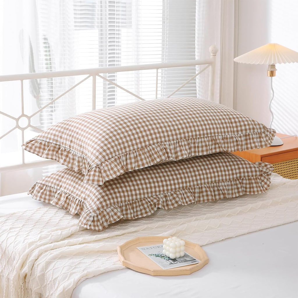 2 Pack Taupe White Plaid Ruffle Gingham King Size Pillow Shams, 100% Yarn-Dyed Washed Cotton Farmhouse Pillow Covers for Bed/Sofa…