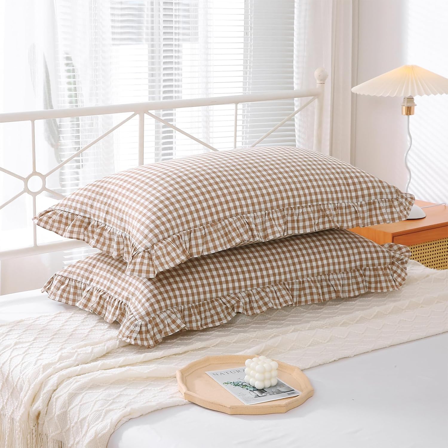 2 Pack Taupe White Plaid Ruffle Gingham King Size Pillow Shams, 100% Yarn-Dyed Washed Cotton Farmhouse Pillow Covers for Bed/Sofa…