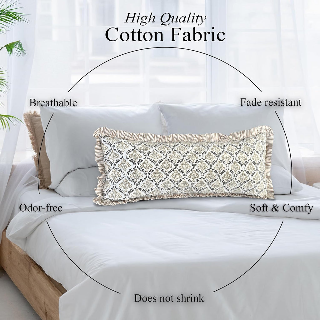 Cottonprintclub CPC Hand Block Print Sandstone Regal Ruffle Sham Pillow Cover 36" x 14" inch Hidden Zipper Decorative Pillowcase for Couch,…