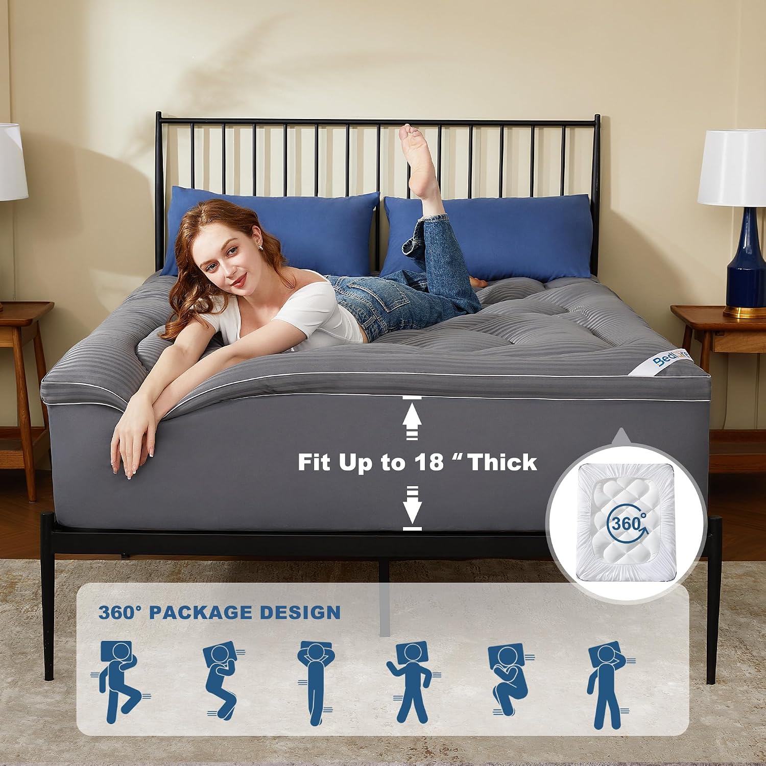 Bedlore California King Mattress Topper, Thick Pillow Top Pad for Back, Cooling Soft Mattress Cover with Deep Pockets 6-18 inch 18 inch Gr…