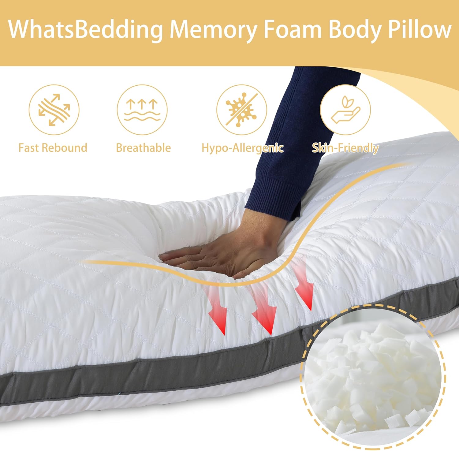 WhatsBedding Memory Foam Body Pillow with Removable Pillowcase-Fluffy Body Pillows for Adults -Large Long Bed Pillows for Sleeping…