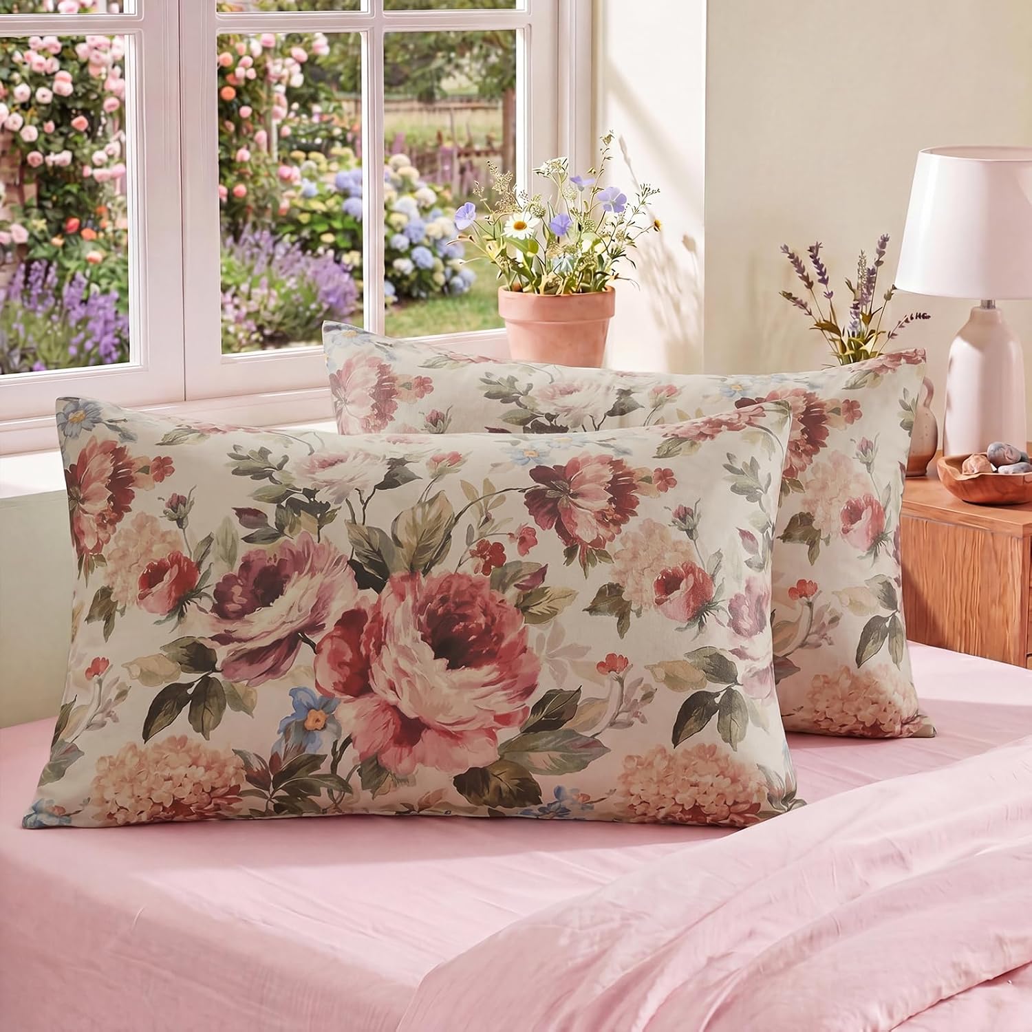 Bedorm Standard Size Pillow Covers Set of 2 Cotton Pillow Case Dark Pink Rose Flower Botanical Print Floral Pillowcases with Pocket Closure…