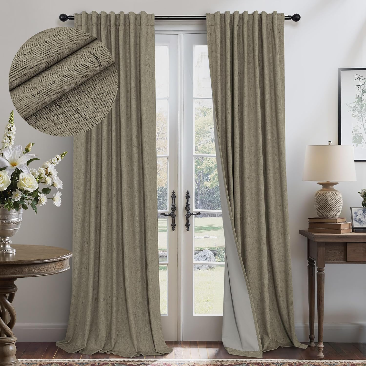 Pitalk Dark Taupe Neutral Blackout Curtains 96 Inch Long 2 Panel Insulated Sliding Door Curtain UV Heat Blocking Drape for Living Room Bedr…