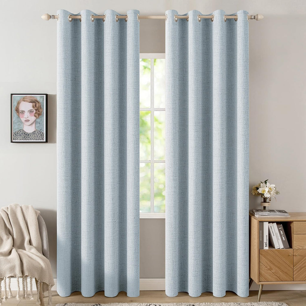 Miulee 90 Inches Linen Textured Curtains for Bedroom 100% Blackout Thermal Insulated Chambray Blue Grommet Room Darkening Curtains & Drapes…