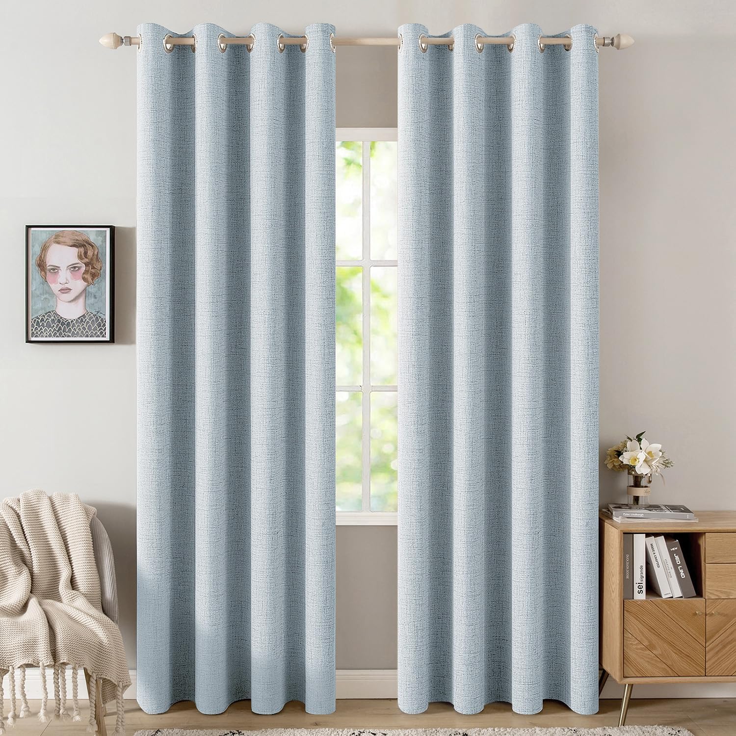 Miulee 90 Inches Linen Textured Curtains for Bedroom 100% Blackout Thermal Insulated Chambray Blue Grommet Room Darkening Curtains & Drapes…