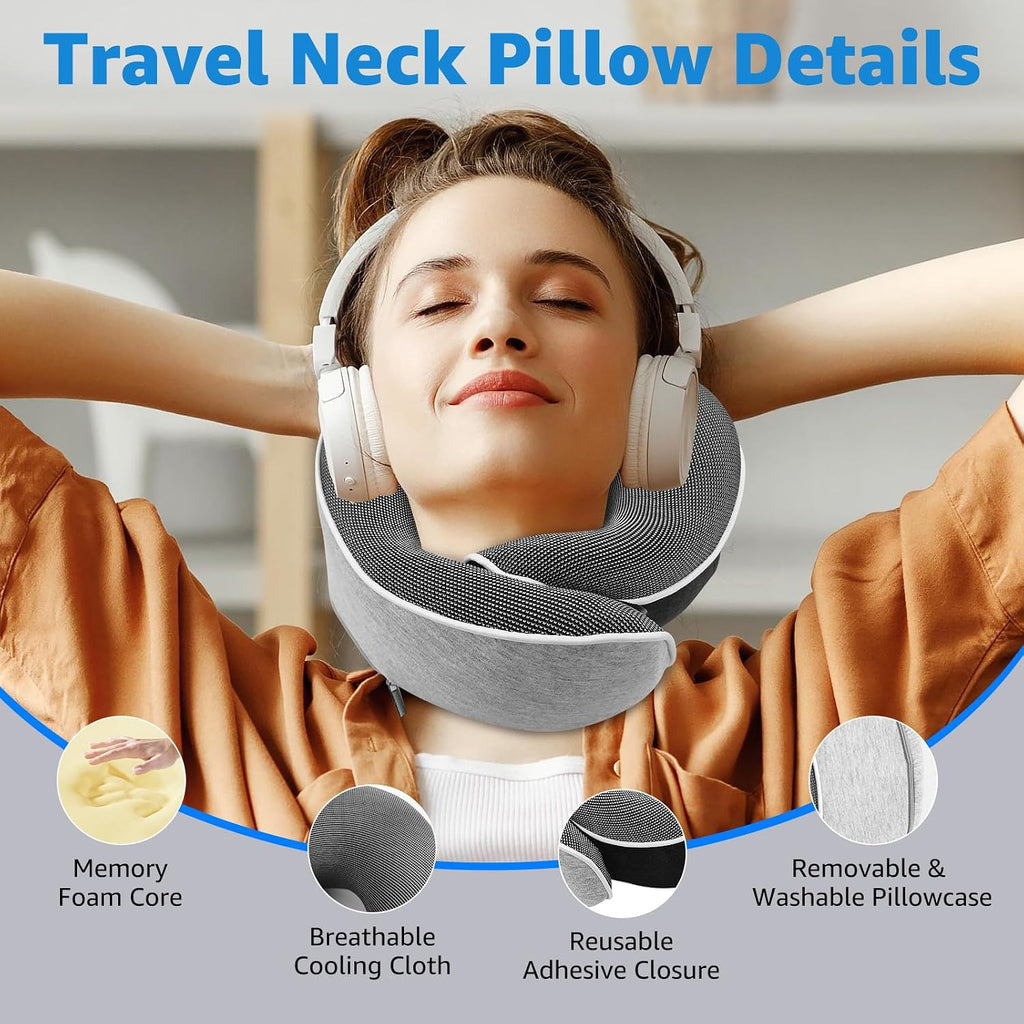 Travel Pillows for Airplanes Ergonomic Memory Foam Neck Pillow for Travel - 360° Head & Neck Support for Sleeping on Flights, Cars…