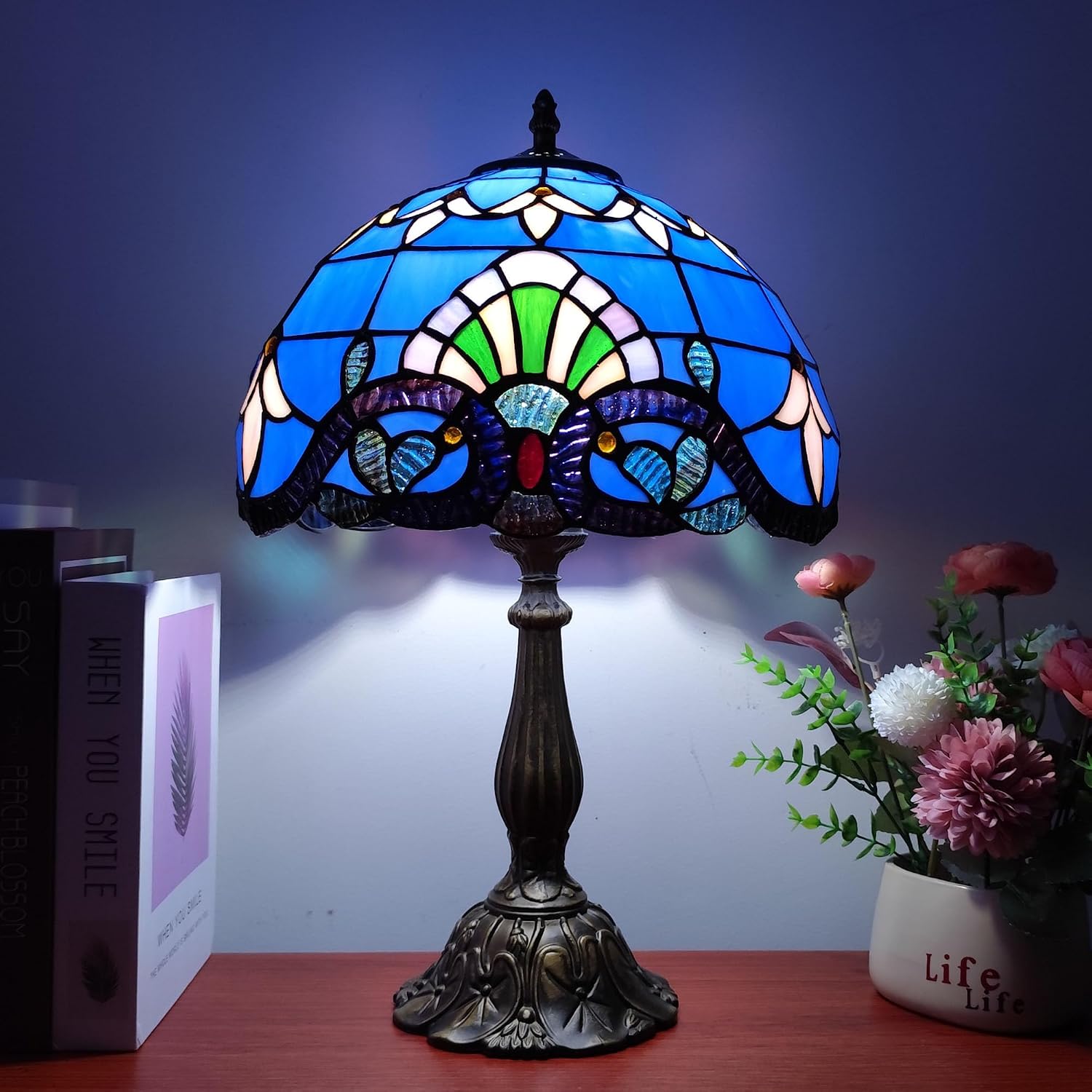 Tiffany Table Lamp 12X12X19 Inch Stained Glass Lamp Blue Baroque Style Antique Bedside Desk Nightstand Light for Bedroom Living Room Home…