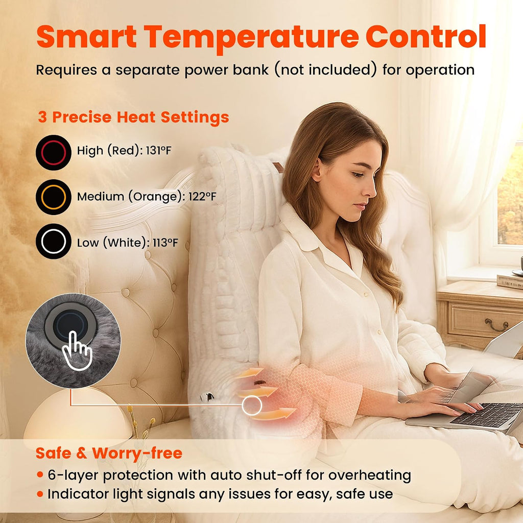 Amélie Home Heated Faux Fur Reading Pillow with Pocket - 3-Temperature Backrest for Sitting in Bed, USB-Powered(No Power Bank Included)…