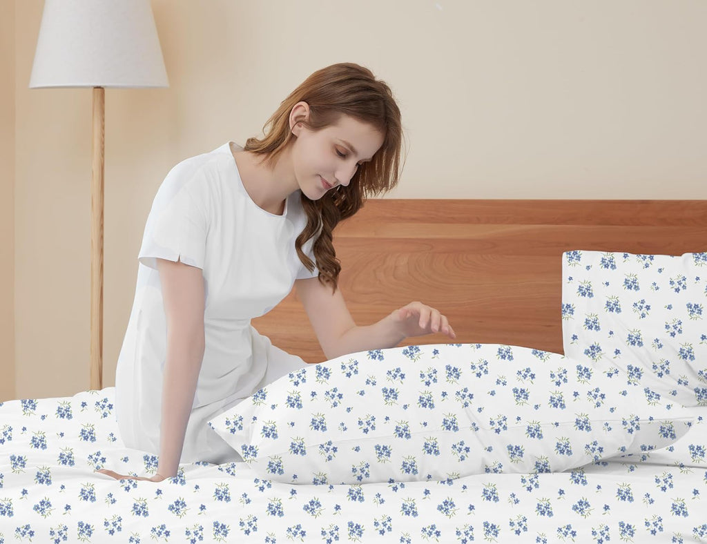 sunflower Queen Pillowcases Set of 2, 100% Cotton Queen Size Pillow Cases 2, 20×30 inches Blue Posy, Soft and Breathable