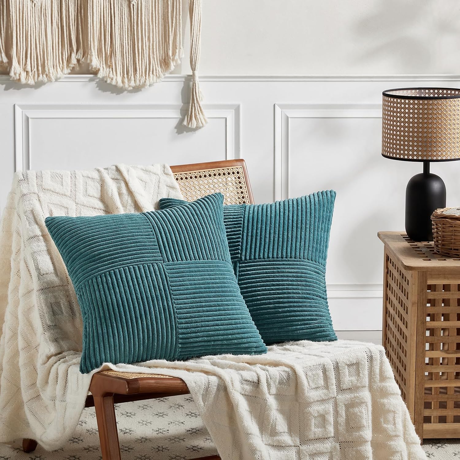 Fancy Homi 2 Packs Teal Decorative Throw Pillow Covers 16x16 Inch for Living Room Couch Bed Sofa, Rustic Farmhouse Boho Home Decor, Soft…