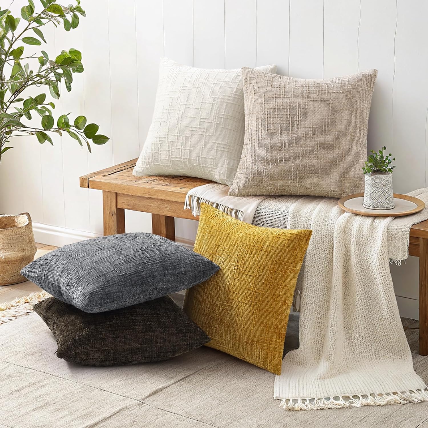 decorUhome Summer Mustard Yellow Chenille Euro Sham Throw Pillow Covers 26x26 Set of 2 Textured Cozy Slubby Couch Pillow Covers Modern Farm…