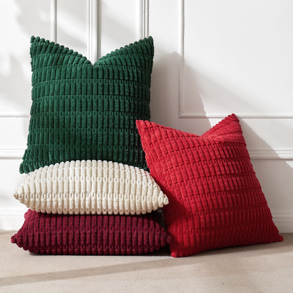Miulee Pack of 4 Christmas Boho Farmhouse Red and Green Corduroy Decorative Throw Pillow Covers 20x20 Inch Retro Soft Striped Pillow Covers…