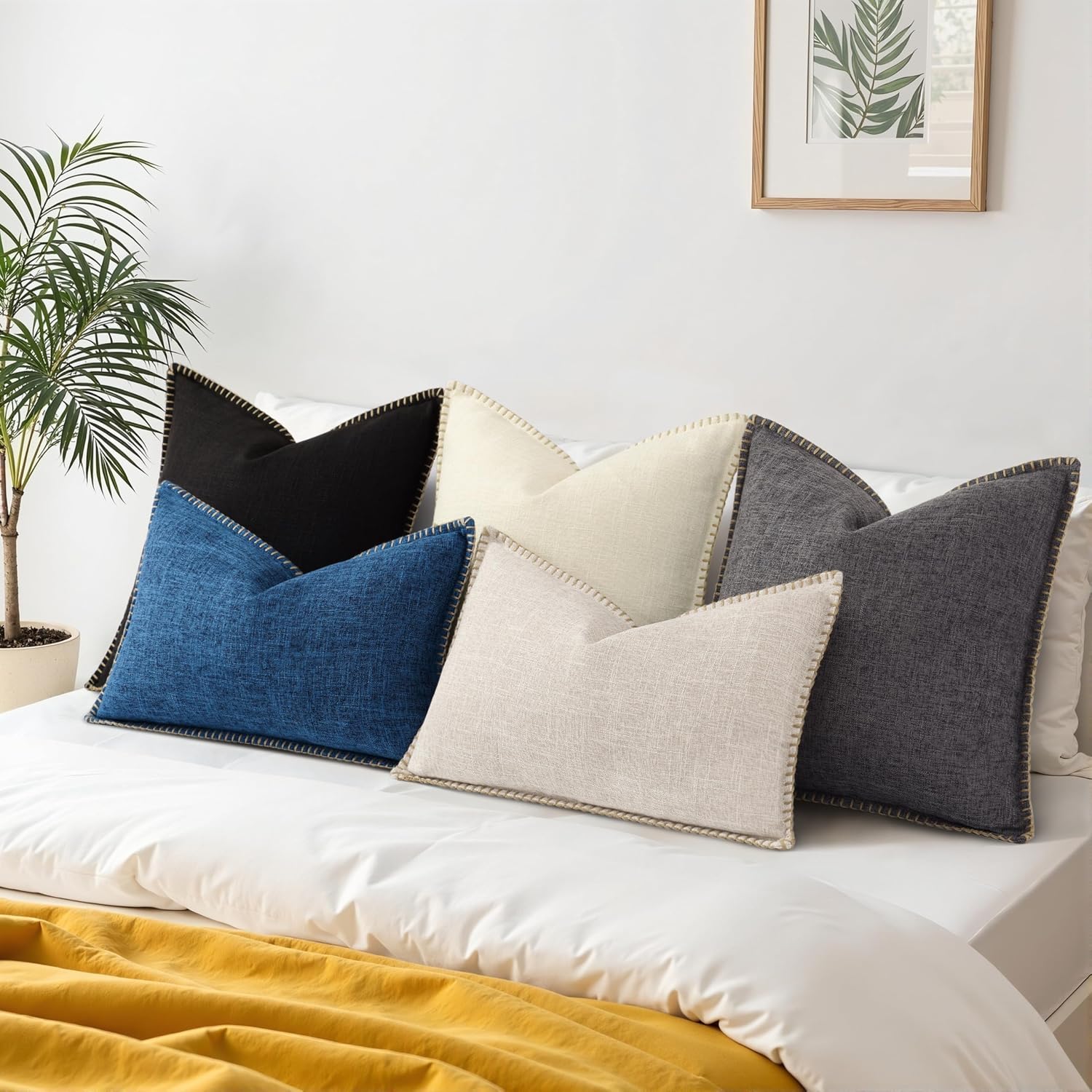 decorUhome Summer Decorative Throw Pillow Covers 12x20 Set of 2 Lumbar Faux Linen Outdoor Neutral Farmhouse Pillow Covers with Stitched…