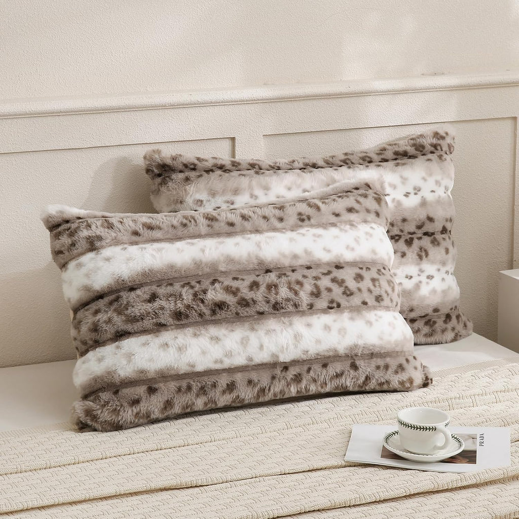Chumerry Fuzzy Faux Fur Pillow Case Plush Shaggy Pillow Cover Plaid Check Texture Extra Soft Fluffy Faux Rabbit Fur Fabric Brown Decorative…