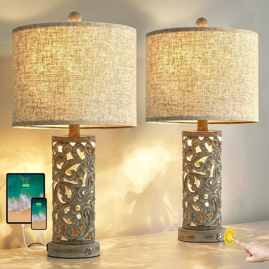 Oyears Bedside Table Lamps Set of 2 with USB & Night Light, 22'' Dimmable Touch Lamps for Nightstand, Farmhouse Lamps for Bedroom Living Ro…