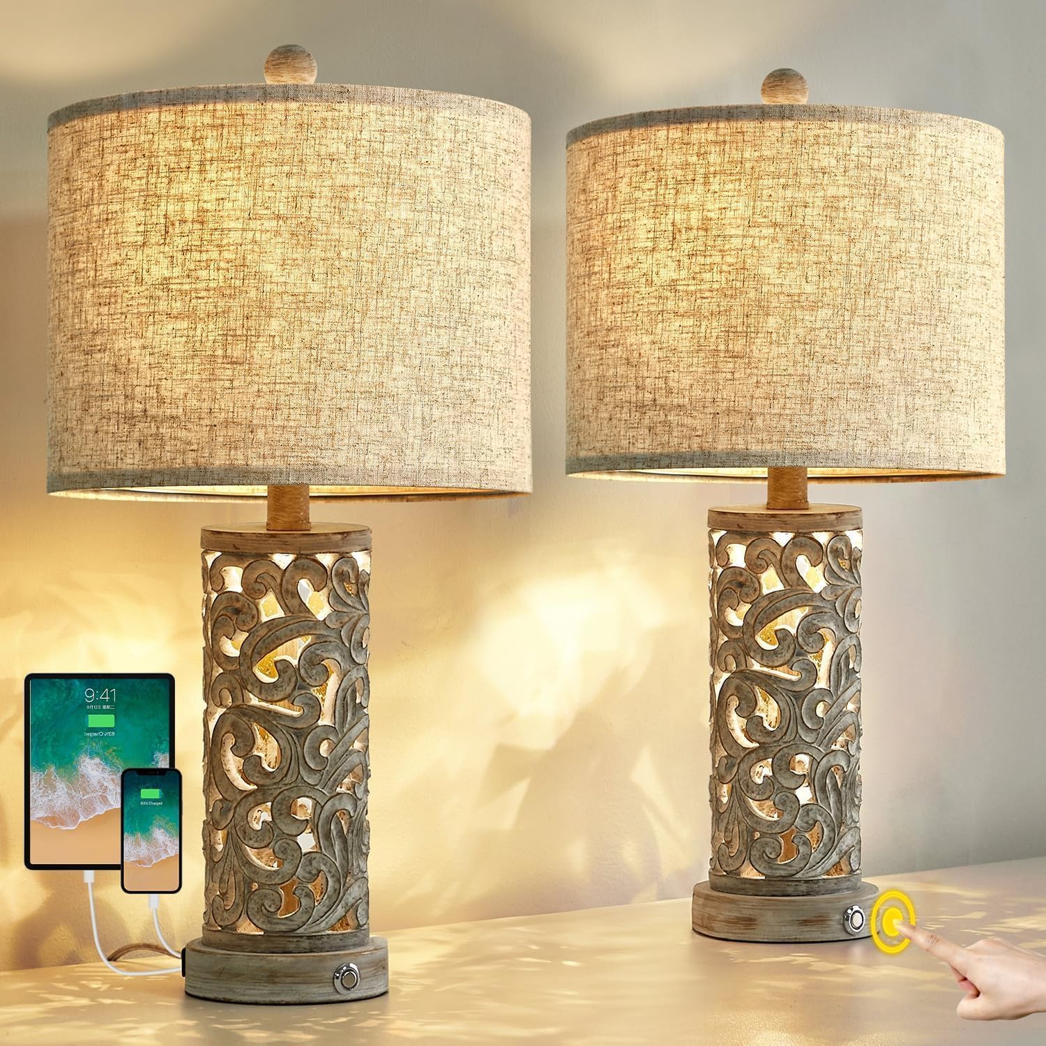 Oyears Bedside Table Lamps Set of 2 with USB & Night Light, 22'' Dimmable Touch Lamps for Nightstand, Farmhouse Lamps for Bedroom Living Ro…