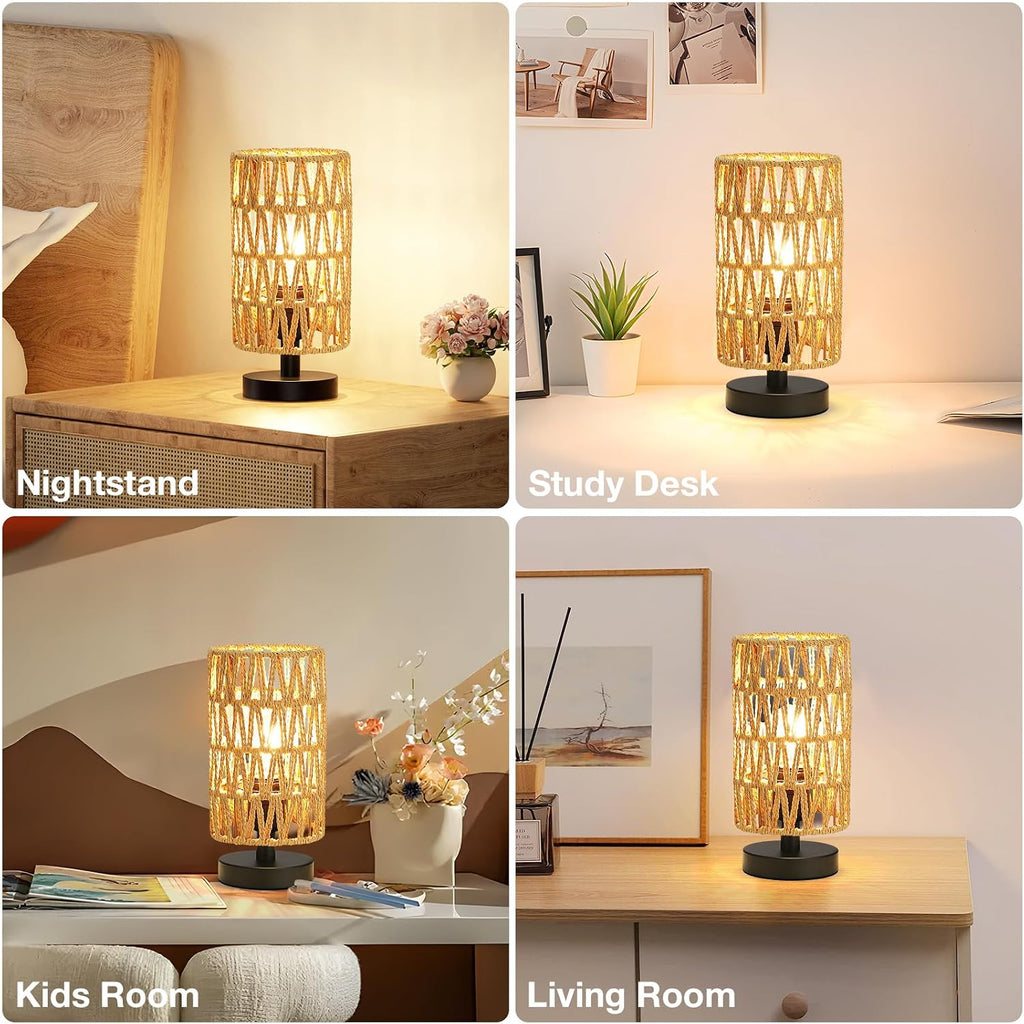 Fenmzee Small Table Lamp for Bedroom - Inline Control, Bedside Lamp with 3000K A15 LED Blub, Easy Assembly(Rattan Rope Shade-Black…