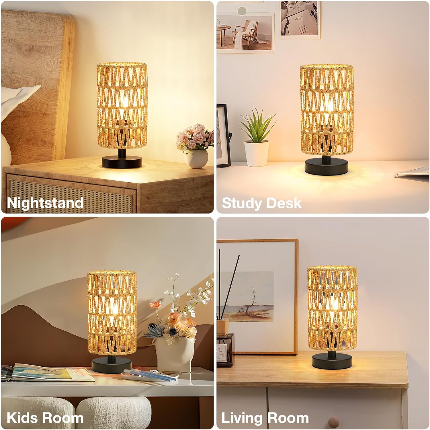 Fenmzee Small Table Lamp for Bedroom - Inline Control, Bedside Lamp with 3000K A15 LED Blub, Easy Assembly(Rattan Rope Shade-Black…