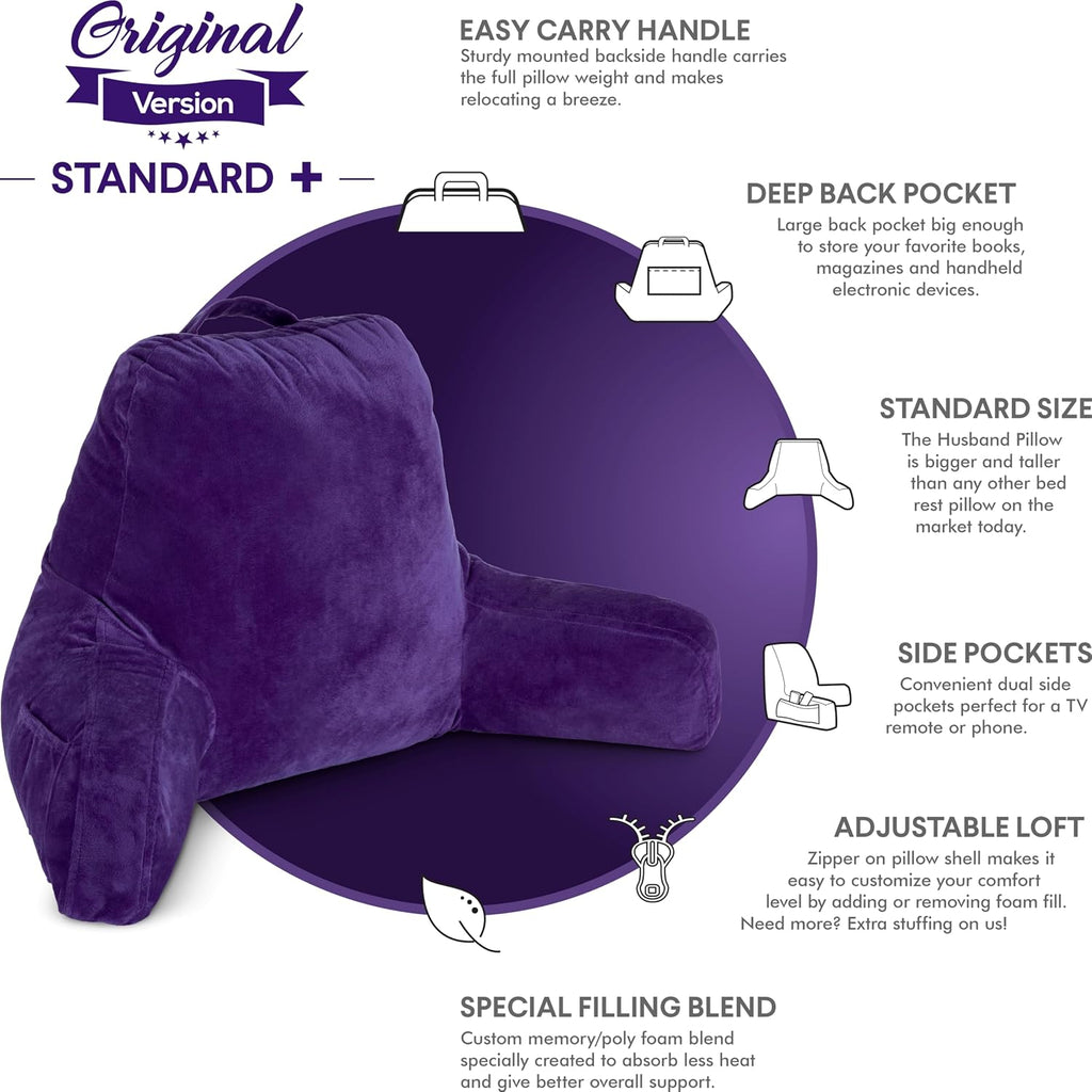 HusbandPillow Husband Pillow Reading Pillow with Arms - Standard Backrest for Sitting Up in Bed - Firm Support Bed Rest Pillow for Adults,…