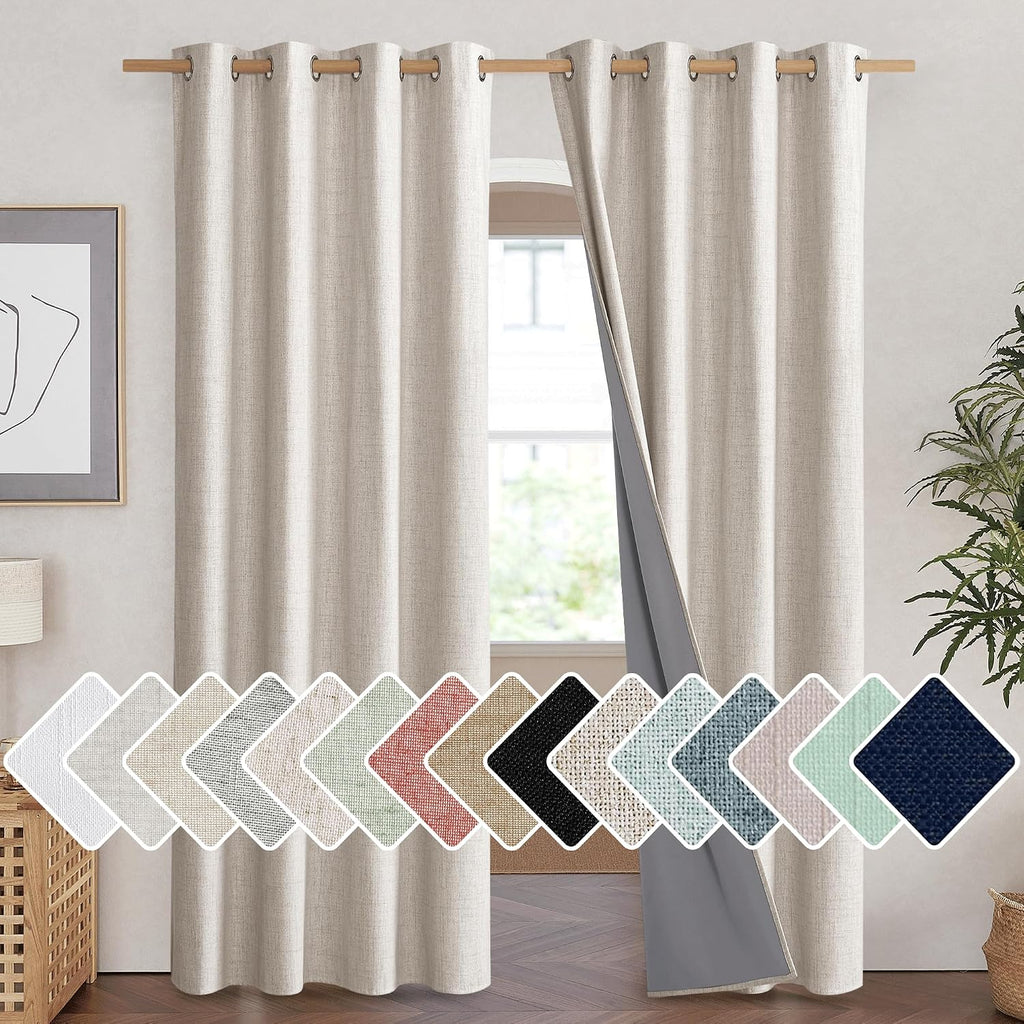 NICETOWN Brich Vintage Open Linen Weave Flax Thermal Curtains, 100% Blackout Curtains 90" Long for Dining Room, Soundproof Window…