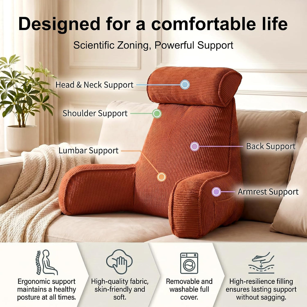 Ailuteie Pillow with Arms for Sitting Up in Bed, Reading Backrest Pillow, Corduroy Back Support Cushion with Side Pockets & Washable Cover,…