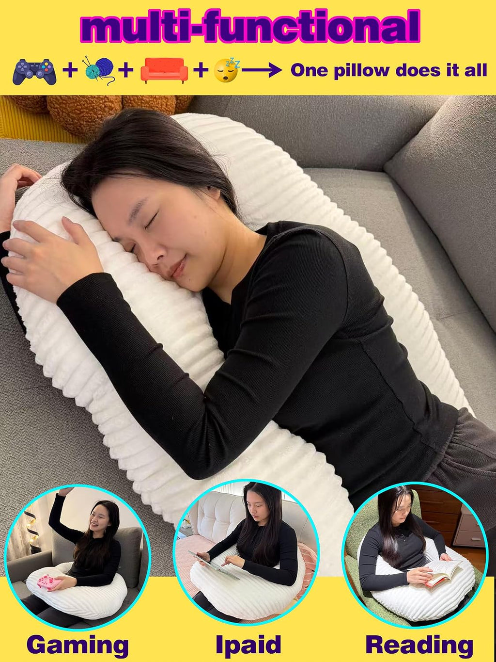 Gaming Crochet Pillow for Lap Support Lap Desk Pillow Setting in Bed or Sofa, U-Shaped Arm Pillows for Adults, Reading Pillow for Gaming…