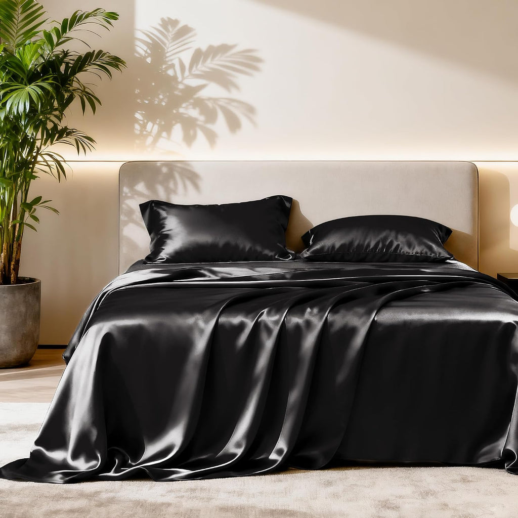 Lovescabin Love's cabin California King Satin Sheet Sets - 4 Piece Black Silky Sheets Bed Set with Deep Pocket, Luxury Silk Feel Satin Cal…