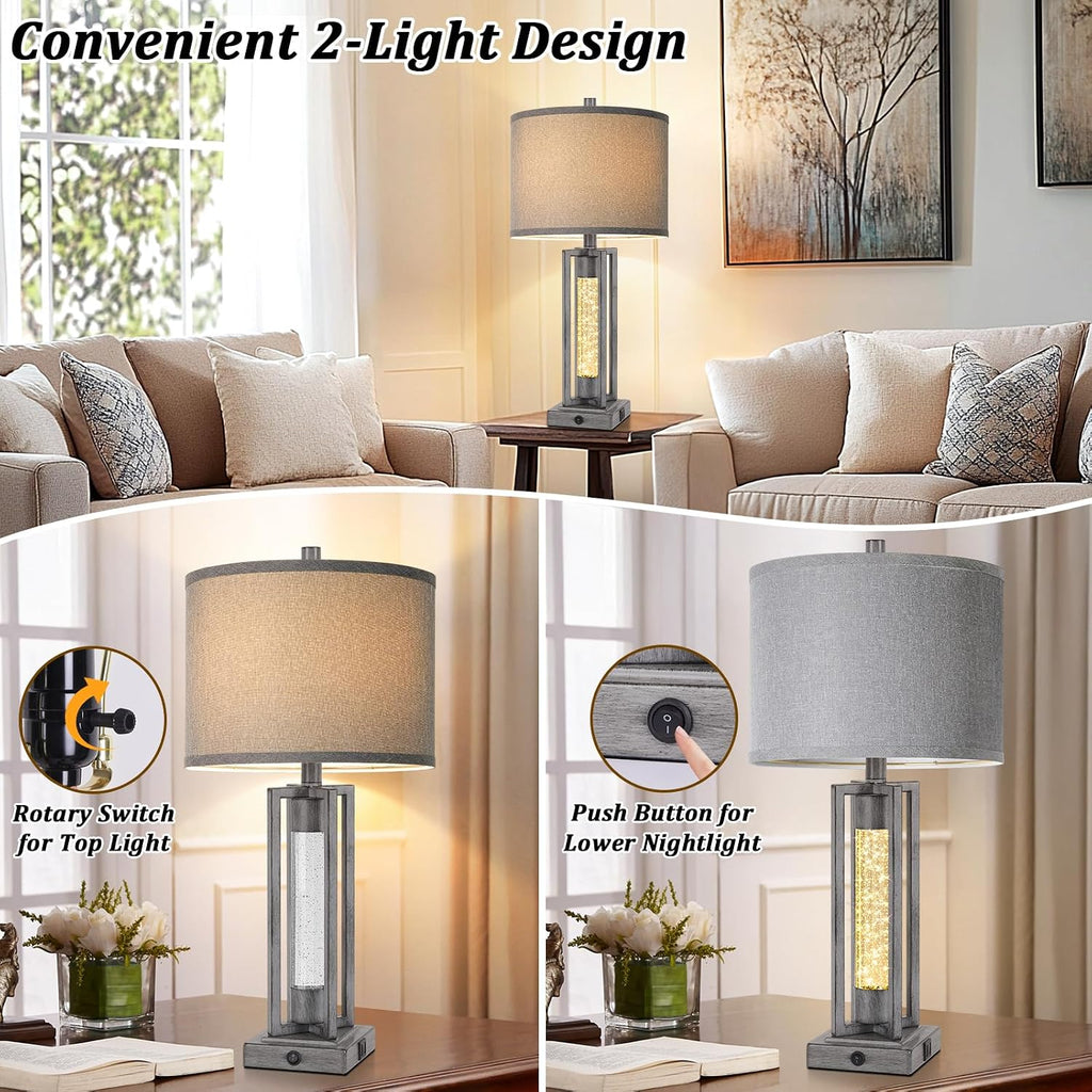 Tobusa 26’’ Farmhouse Table Lamps for Living Room Set of 2, Modern Nightstand Lamps with Crystal Night Light & 2 USB Ports, Vintage Home De…
