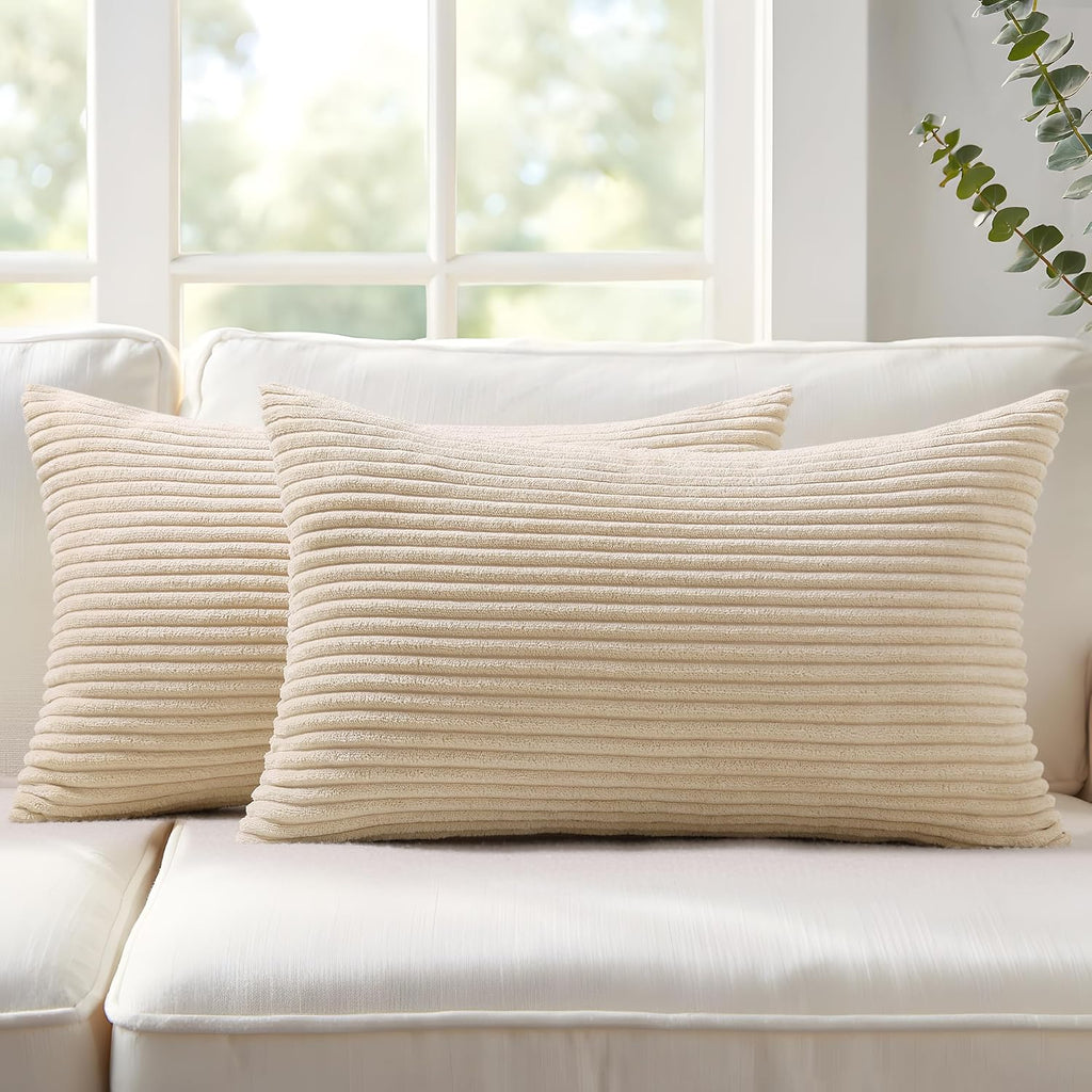 Mecatny Corduroy Summer Decorative Throw Pillow Covers 12x20 Set of 2 for Sofa Living Room, Soft Neutral Boho Couch Pillow Covers for…