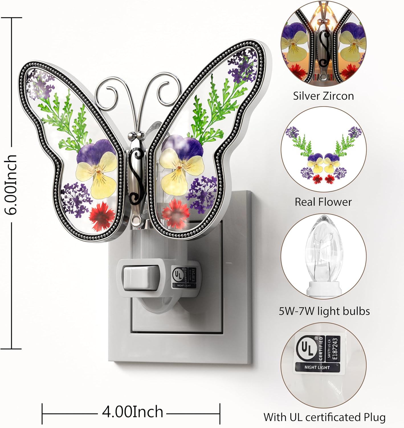 KY&BOSAM Butterfly Night Lights Plug into Wall 1-Pack 7W Plug in Night Light Dusk to Dawn 3000K Warm White Bright Real Flower+Metal…