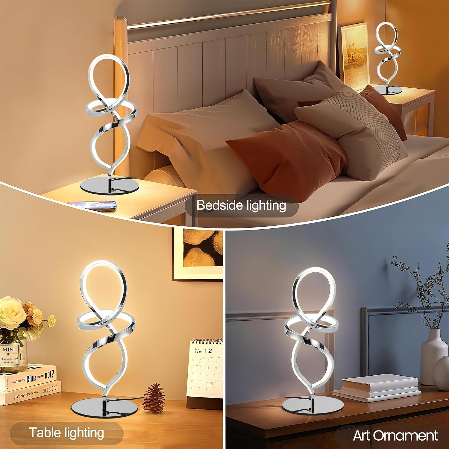 Mayful Modern Table Lamp with LED Unique Spiral Design, Small Nightstand Lamp with Stepless Dimming Switch, Chrome Bedside Lamps for…