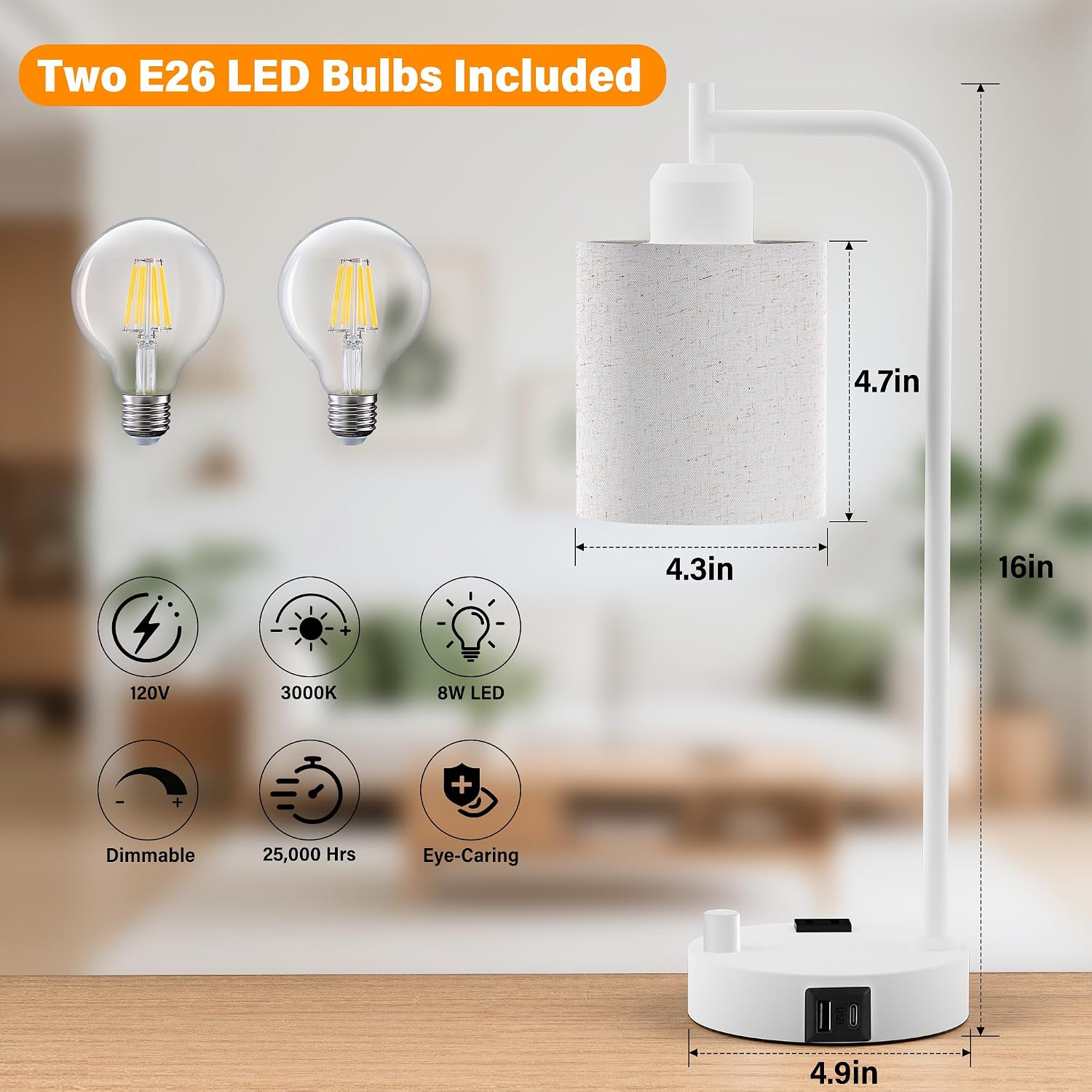 SIBRILLE Industrial Table Lamps with Linen Shade, Set of 2 Fully Dimmable Bedside Lamps with USB A+C Ports and Outlet, White Nightstand…