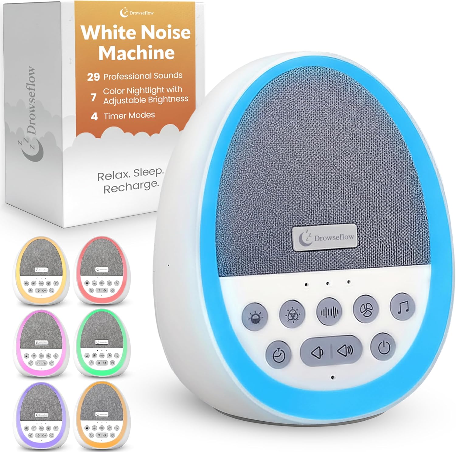 White Noise Sound Machine for Sleep, 29 Non-Looping Sleep Sounds, 7-Color Nightlight, 4 Timers, Memory, USB-C Charging, Hanging Rope for…
