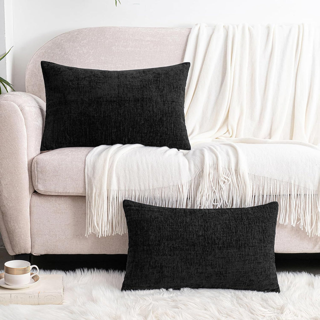 Hwy50 HWY 50 Black Lumbar Pillow Covers 12x20 Inch Pack of 2, Soft Chenille Decorative Throw Pillow Covers Farmhouse for Couch Sofa Living…
