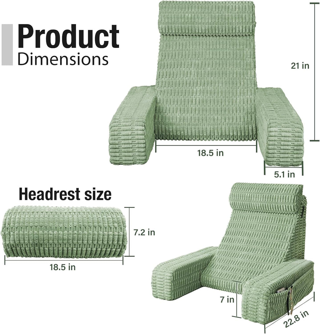 21" Reading Pillow for Bed Sitting Up, Back Support Pillow with Built-in Arms & Large Pockets, Washable Cover, Sage Green
