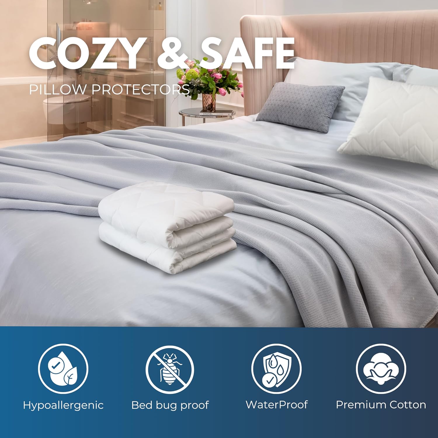 Waterguard Waterproof Pillow Protectors Quilted, Zippered Pillow Cases, 100% Cotton Top, Microfiber Filled Pillow Covers, Queen Size…