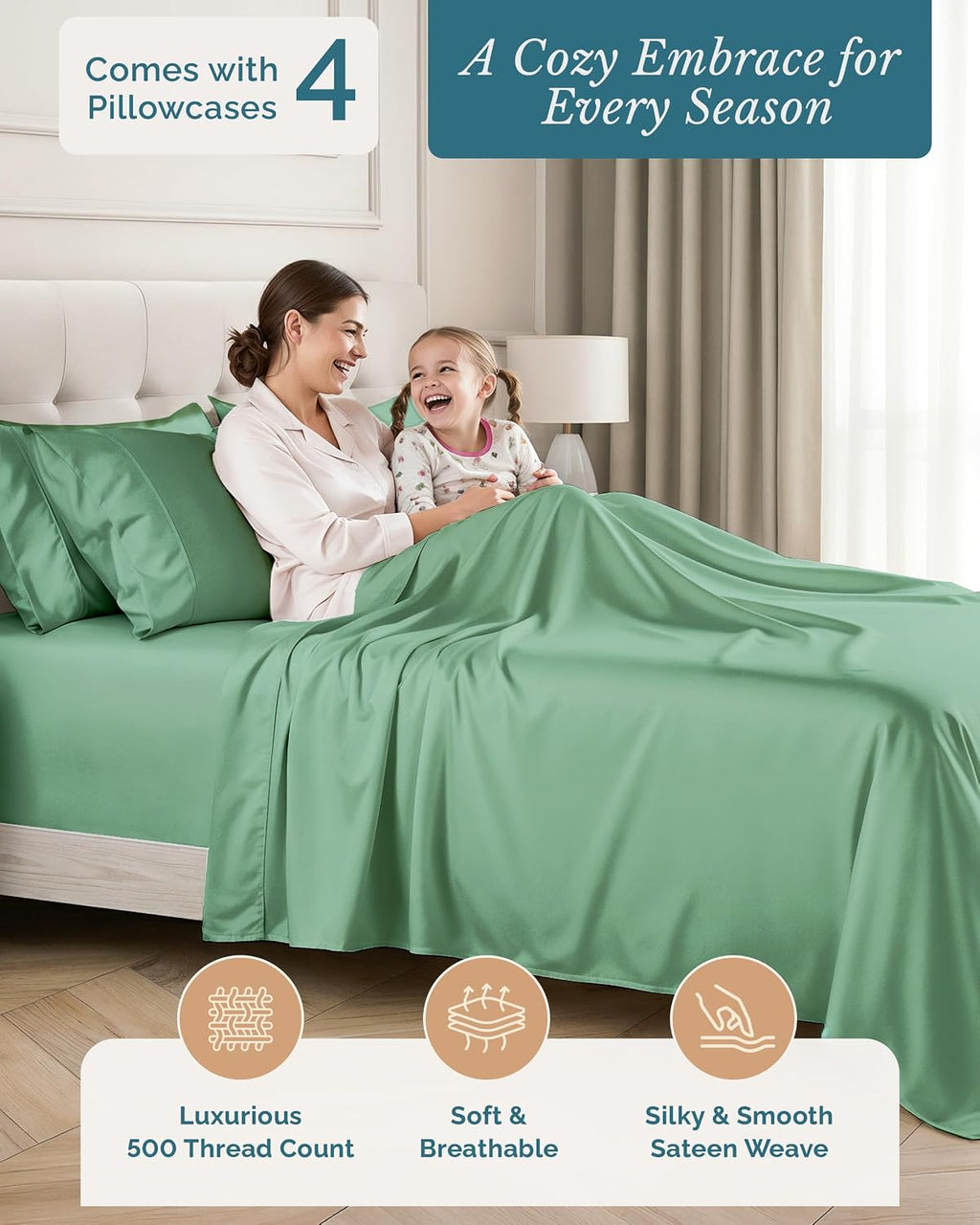 Casa Platino 100% Cotton Sheets Cal King, 6 Piece Bed Set with 500 Thread Count Silky Sateen Finish, Ideal for Everyday Use, 15 Inch Deep…