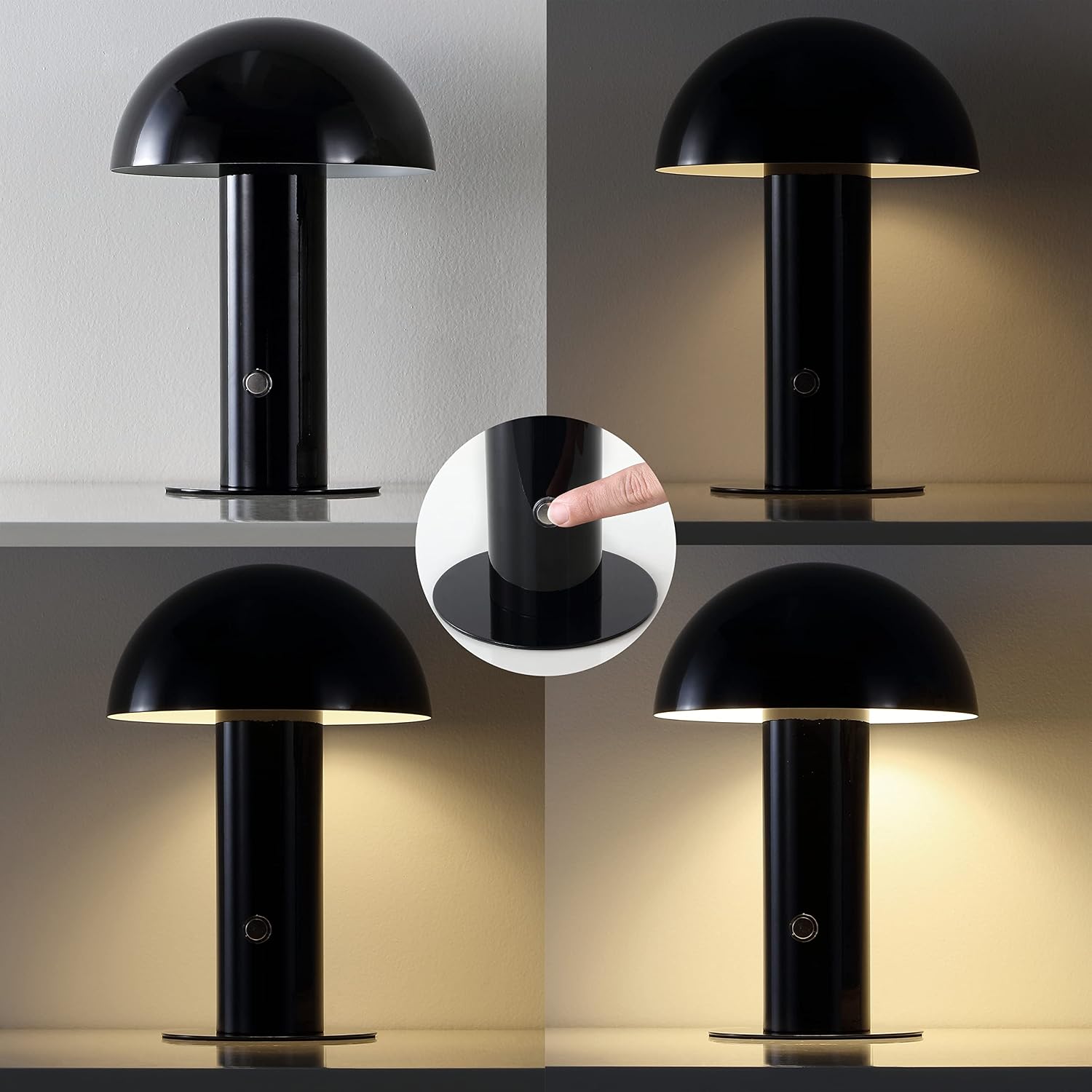 JONATHAN Y 10.75" Black Rechargeable LED Mushroom Table Lamp, Cordless Portable Bedside Lamp for Living Room Bedroom, 3-Way Dimmable…