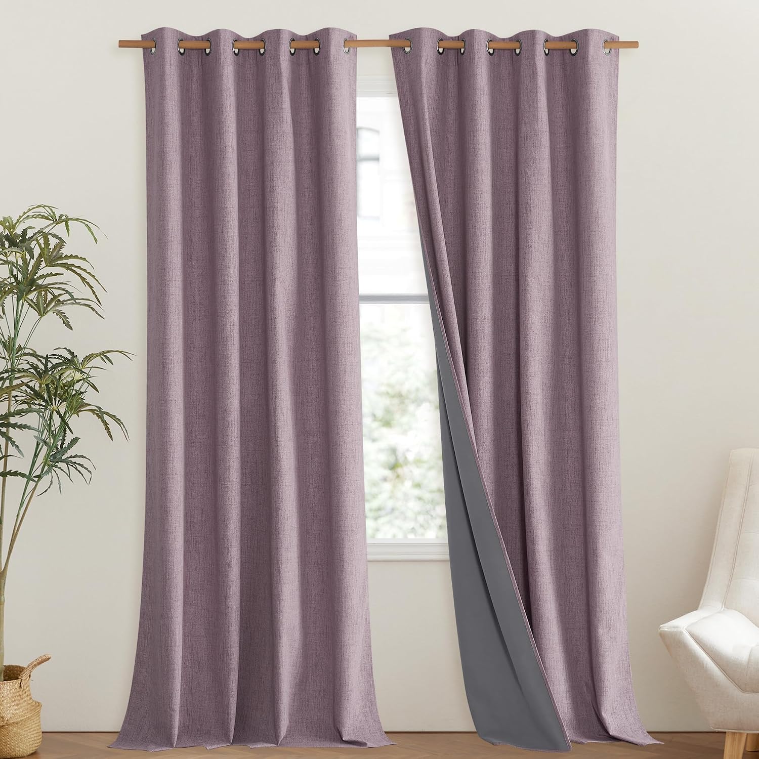 NICETOWN Chaise Mauve Vintage Linen 100% Blackout Curtains for Living Room, Thermal Insulated Curtains 108" Long, Noise Reducing Window…