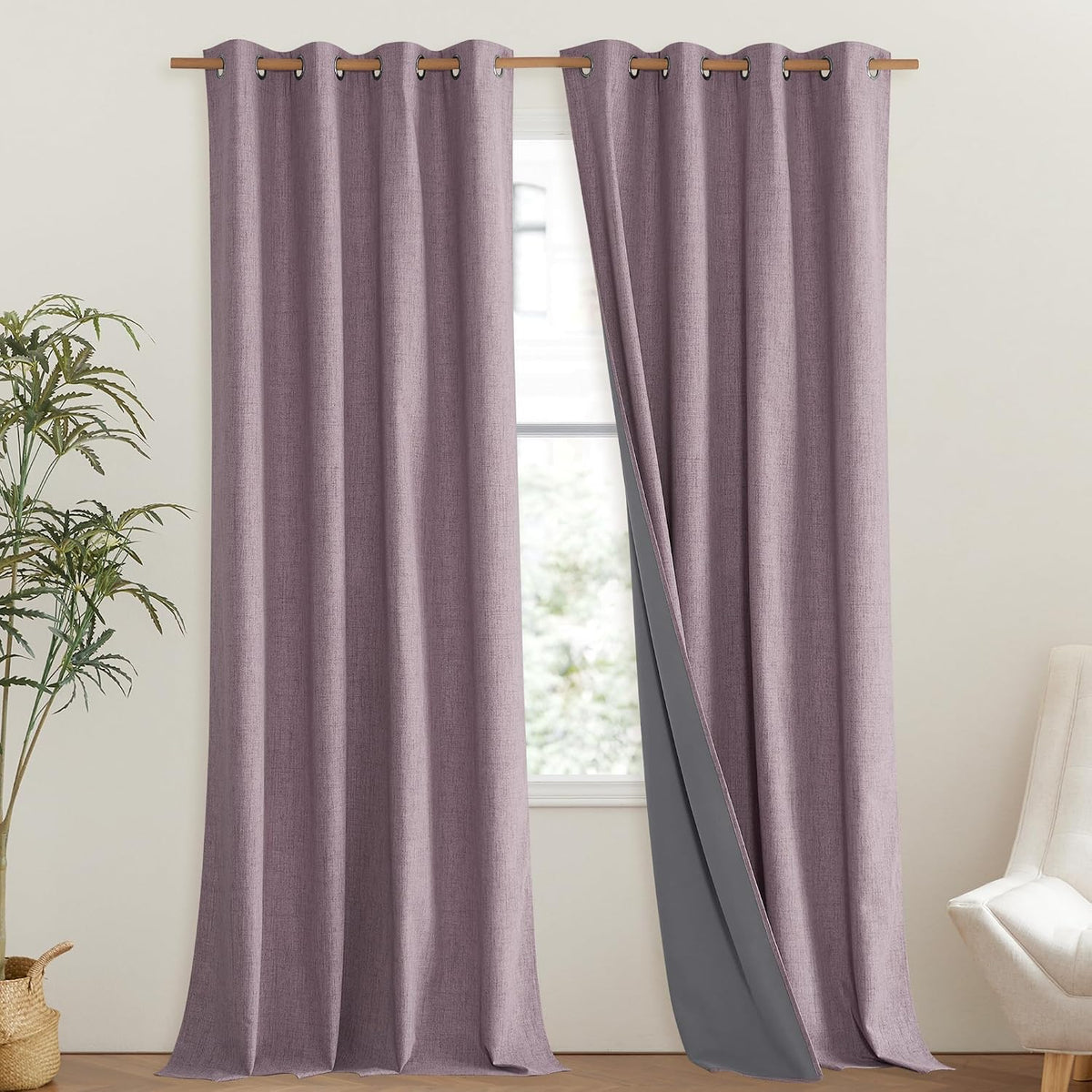 NICETOWN Chaise Mauve Vintage Linen 100% Blackout Curtains for Living Room, Thermal Insulated Curtains 120" Long, Noise Reducing Window…