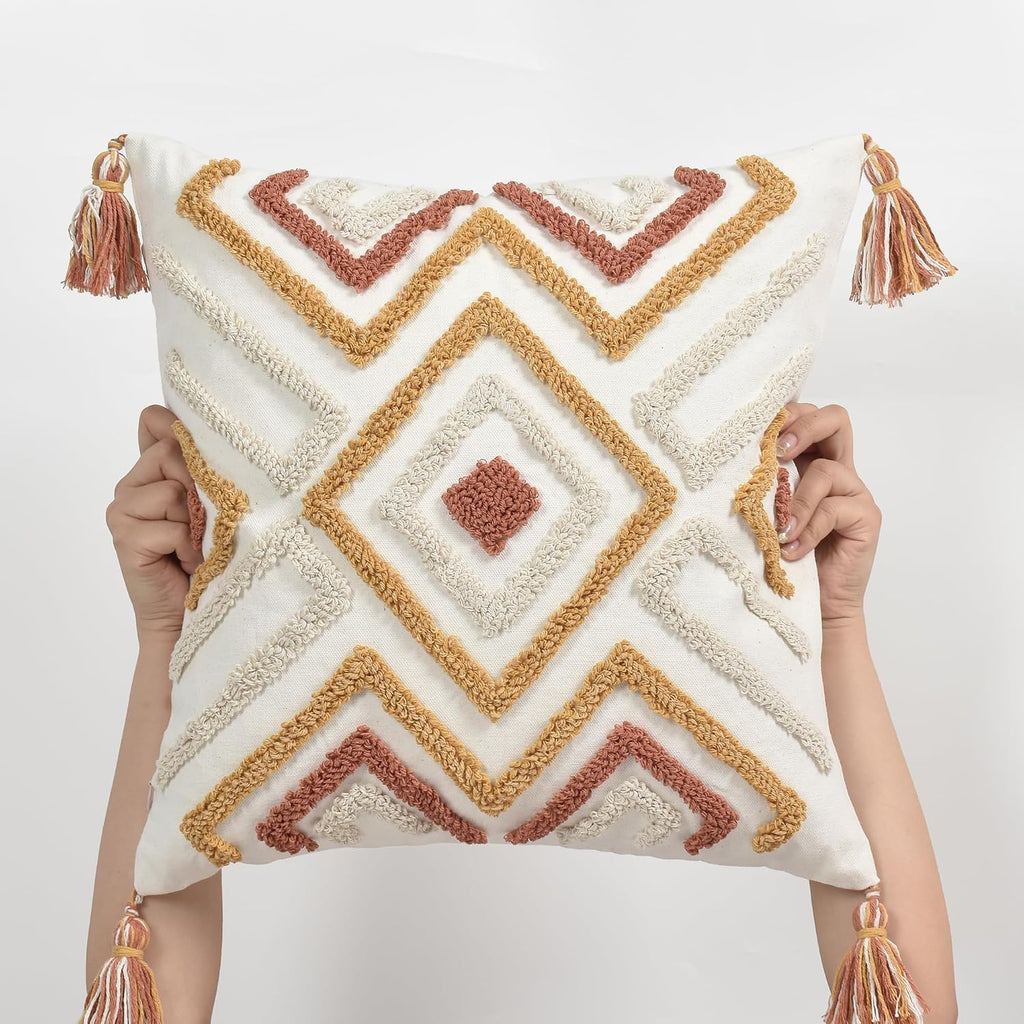 Loopuinhom Boho Pillow Covers 18X18 Inch Boho Tufted Throw Pillow Covers Decorative Tassels Cushion Cover Farmhouse Pillow Case for Couch S…