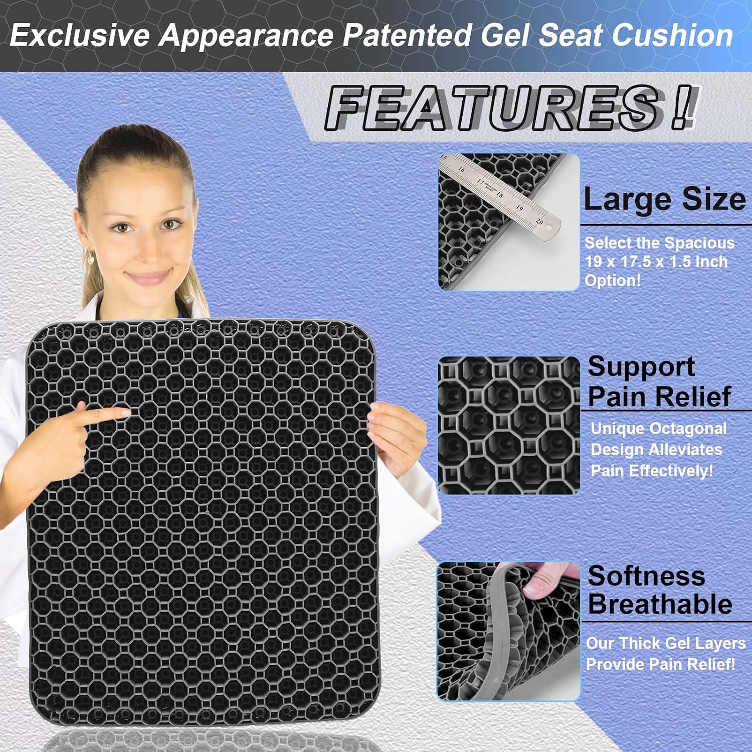 AirllantryHome Seat Cushion, Gel Seat Cushion for Long Sitting– Back, Sciatica, Tailbone Pad, 19in Seat Pad for Car, Office Chair, Wheelcha…