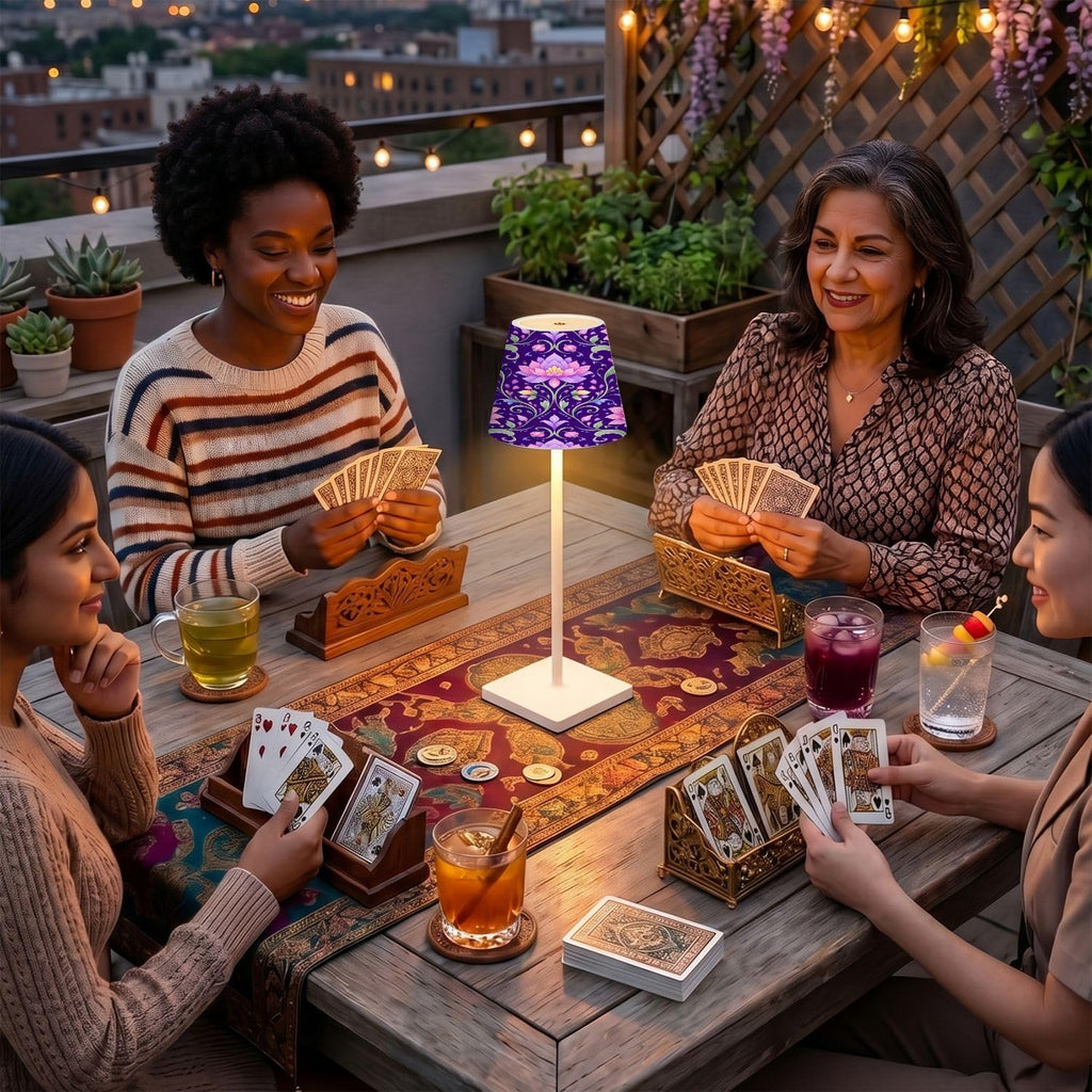 Cordless Mahjong Lamp Pink Lotus Floral Deep Purple Ornamental Vines Small LED Lamp 3 Color Dimmable Rechargeable Lamps for Mah Jong…