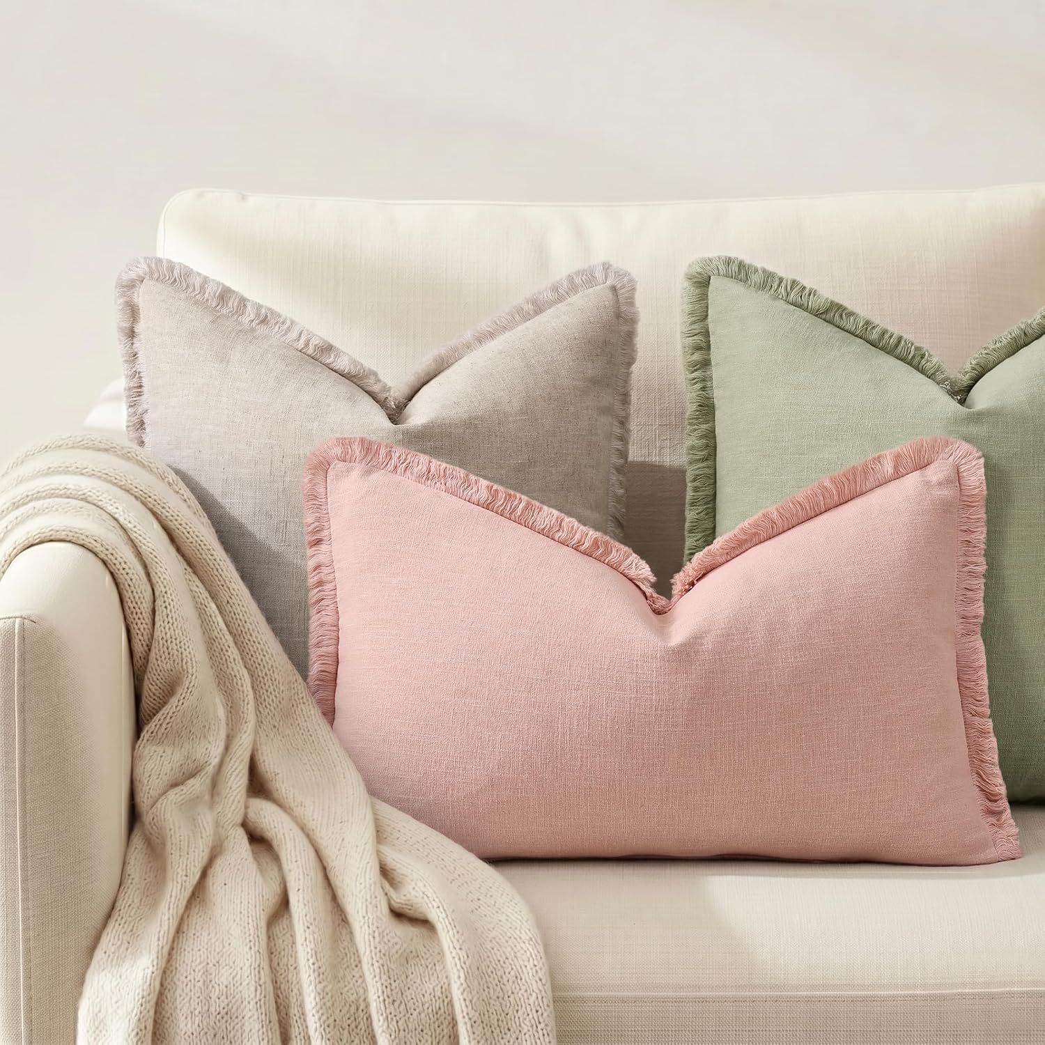 decorUhome Summer Decorative Neutral Linen Fringe Lumbar Throw Pillow Covers Set of 2 Pink Pillow Covers with Tassels Soft Farmhouse Boho A…