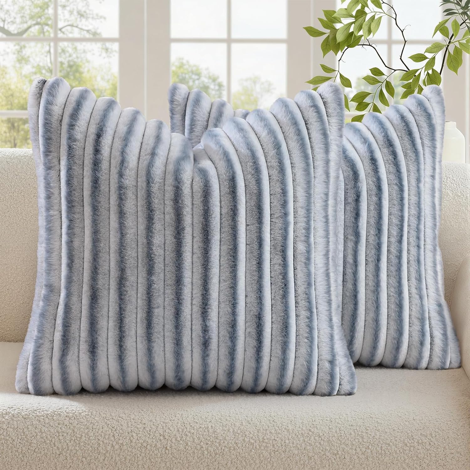 decorUhome Cozy Faux Fur Throw Pillow Covers 18x18 Set of 2 Decorative Soft Plush Striped Modern Farmhouse Boho Couch Pillow Cases with Vel…