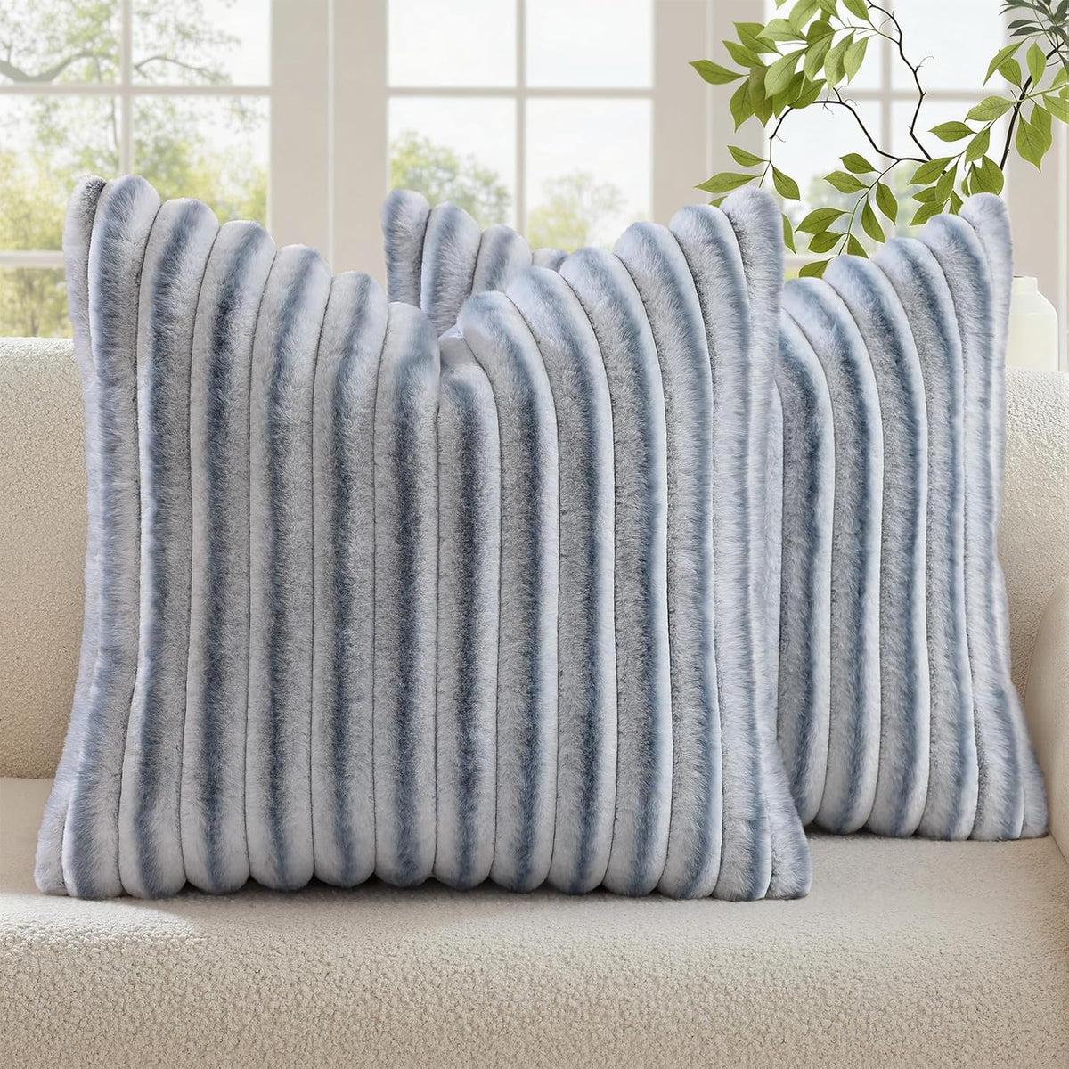 decorUhome Cozy Faux Fur Throw Pillow Covers 16x16 Set of 2 Decorative Soft Plush Striped Modern Farmhouse Boho Couch Pillow Cases with Vel…