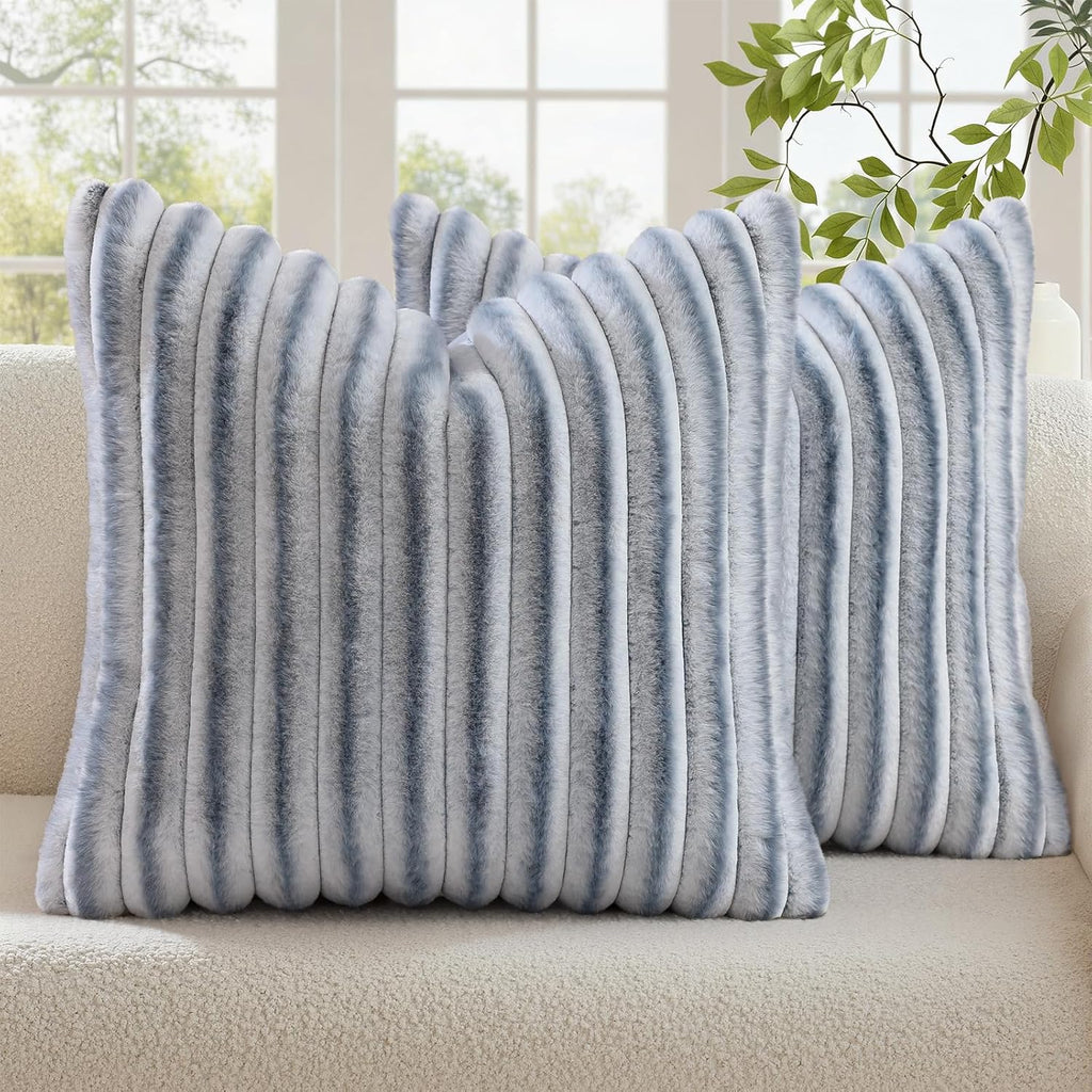 decorUhome Cozy Faux Fur Throw Pillow Covers 24x24 Set of 2 Decorative Soft Plush Striped Modern Farmhouse Boho Couch Euro Sham Pillow Case…