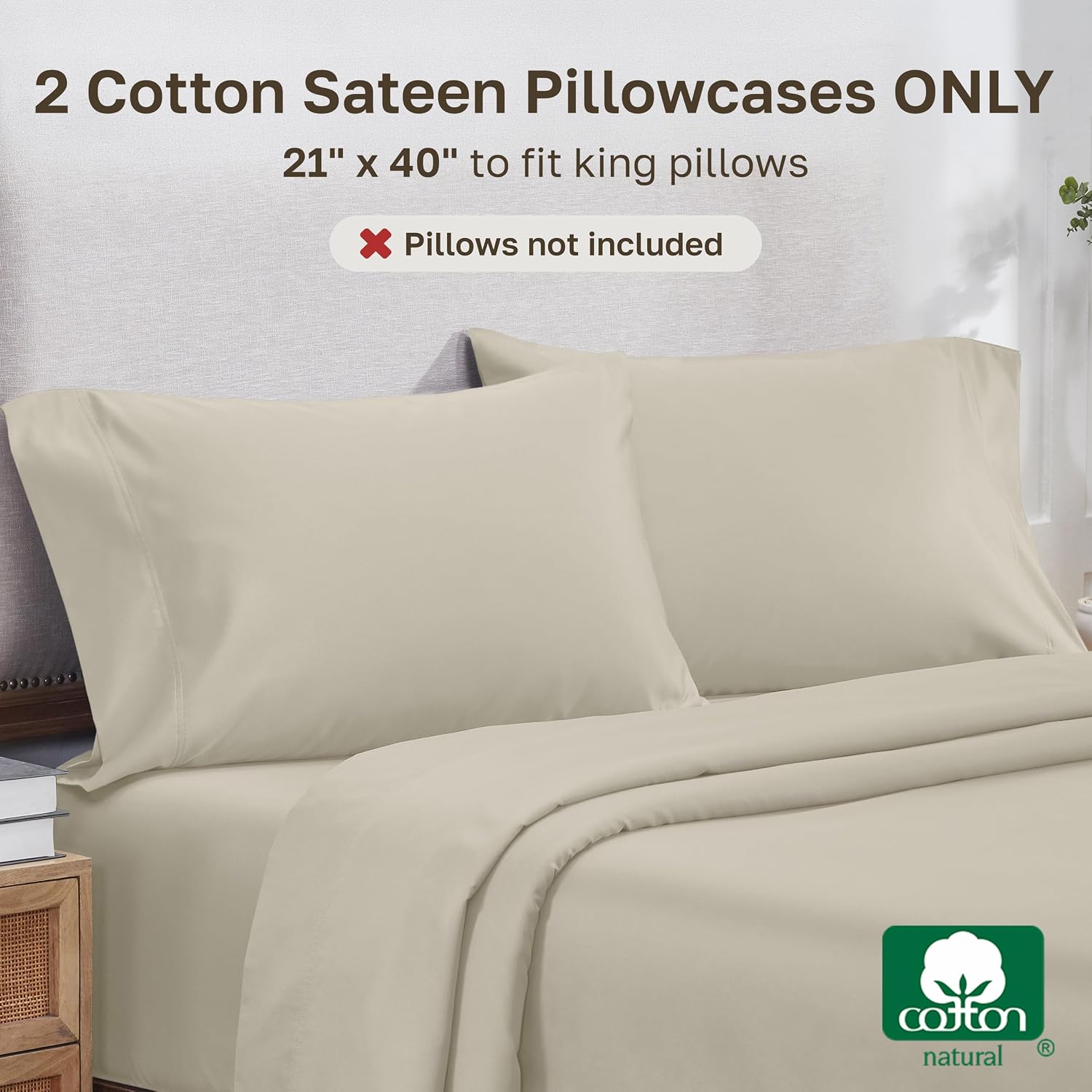 CaliforniaDesignDen California Design Den 100% Cotton King Pillow Cases Set of 2, 800 Thread Count, Soft Pillow Cases Sateen, Fits King Siz…