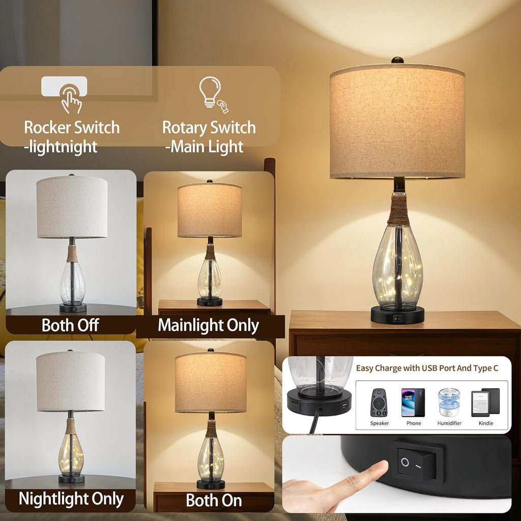 OYEARS Bedside Table Lamp with USB, 23‘’ Black Modern Nightstand Lamps for Bedroom, Retro Rattan Table Lamps for Night Stands, Living…